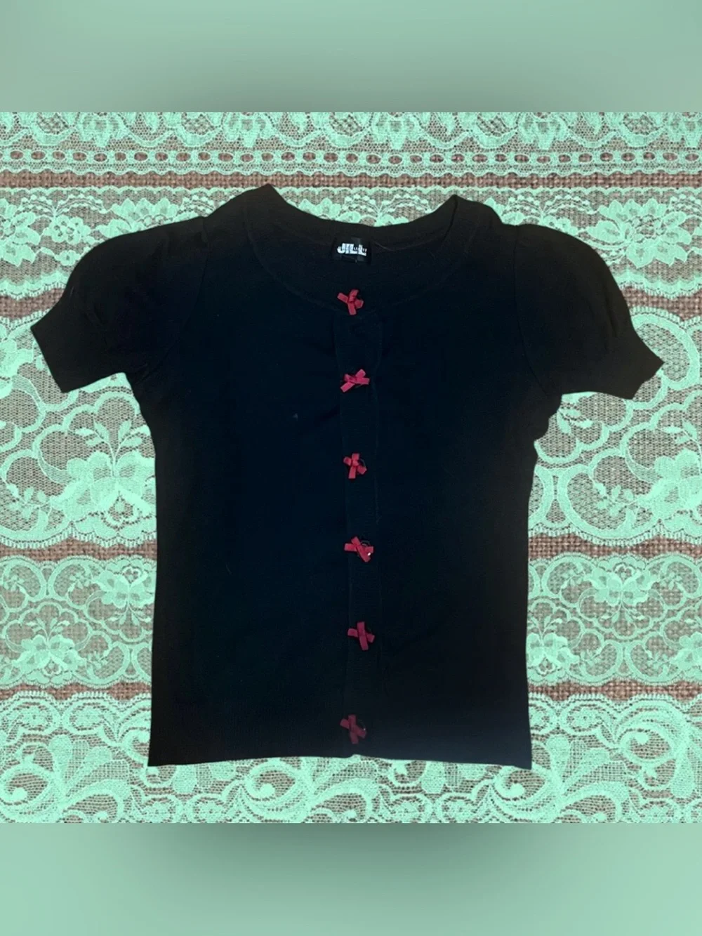 Jill Stuart Black Short-Sleeve Cardigan with Red Bow Details